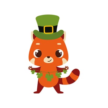 Cute red panda in green leprechaun hat with clover. Irish holiday folklore theme. Cartoon design for cards, decor, shirt, invitation. Vector stock illustration