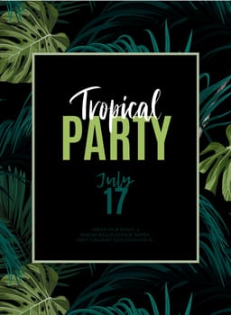 Dark tropical design with exotic monstera and royal palm leaves, blue macaws and branches. Vector illustration.