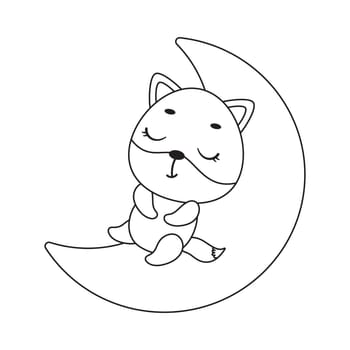 Coloring page cute little fox sleeping on moon. Coloring book for kids. Educational activity for preschool years kids and toddlers with cute animal. Vector stock illustration