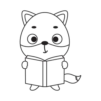 Coloring page cute little fox reads book. Coloring book for kids. Educational activity for preschool years kids and toddlers with cute animal. Vector stock illustration