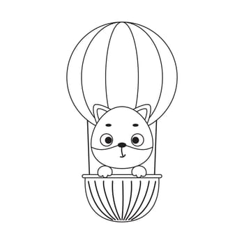 Coloring page cute little fox flying on hot air balloon. Coloring book for kids. Educational activity for preschool years kids and toddlers with cute animal. Vector stock illustration
