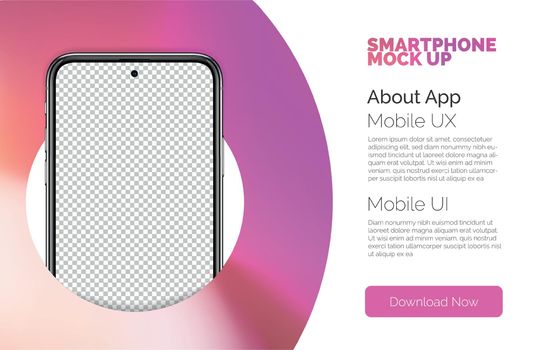Mockup of realistic new cell phone. Vector smart phone frameless with transparent blank screen front view in circle for infographics, presentation or UI design interface