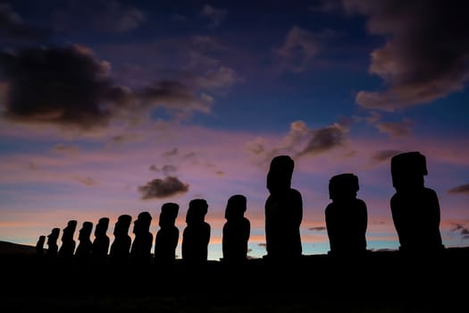 The ancient moai of Ahu Togariki, on Easter Island of Chile 
