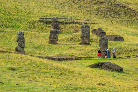 Moai set in the hillside at Rano Raraku 