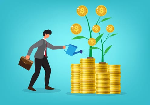Increased investment, profit growth, increased wealth or income, pension fund concept, investor, businessman watering coins to grow money plant