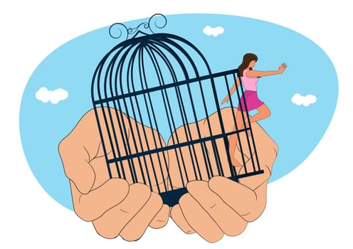 woman open cage Overcoming fear and doubt. Escaping comfort zone. Psychological concept of freedom and risk. independent woman get rid of fear Flat vector illustration isolated on white background.