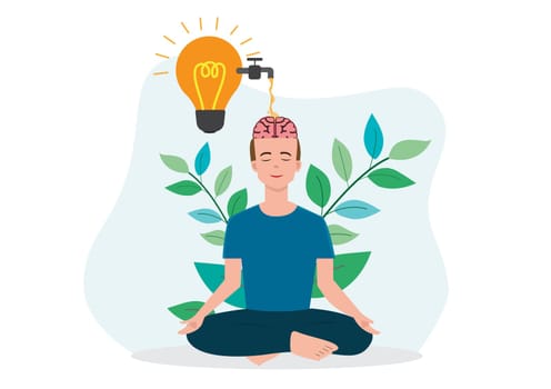Happy man with meditation to understand the concept of break and stop thinking.Vector illustration