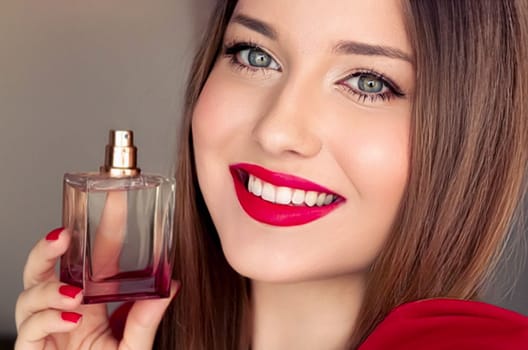 Beauty product, perfume and cosmetics, face portrait of beautiful woman with perfume or fragrance bottle of floral scent for luxury cosmetic, glamour and fashion
