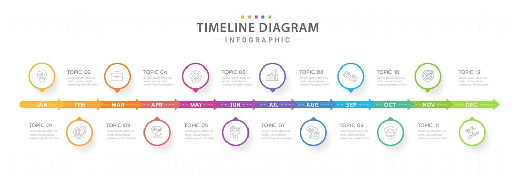 Infographic template for business. 12 Months modern Timeline diagram calendar with arrows, presentation vector infographic.