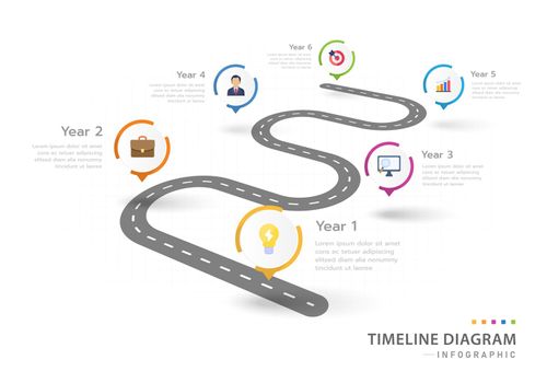 Infographic isometric template for business. 6 Steps Modern Timeline diagram with circle and roadmap, isometric presentation vector infographic timeline.
