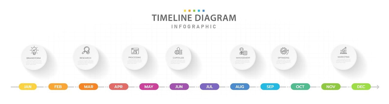 Infographic template for business. 12 Months modern Timeline diagram calendar with circle topics, presentation vector infographic.