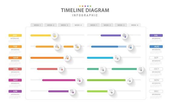 Infographic template for business. 12 Months Modern Timeline diagram roadmap with progress calendar, presentation vector infographic.