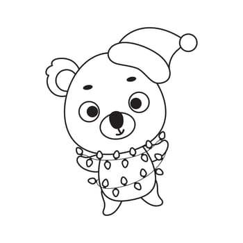 Coloring page cute Christmas koala with garland. Coloring book for kids. Educational activity for preschool years kids and toddlers with cute animal. Vector stock illustration
