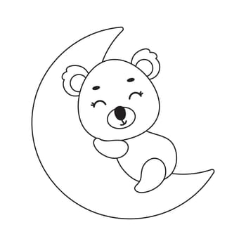 Coloring page cute little koala sleeping on moon. Coloring book for kids. Educational activity for preschool years kids and toddlers with cute animal. Vector stock illustration