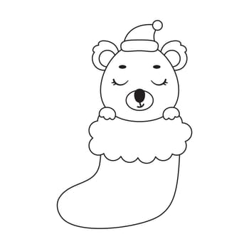Coloring page cute little koala in Christmas sock. Coloring book for kids. Educational activity for preschool years kids and toddlers with cute animal. Vector stock illustration