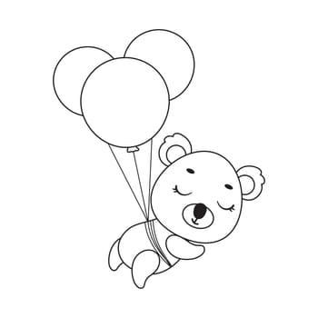 Coloring page cute little koala flying on balloons. Coloring book for kids. Educational activity for preschool years kids and toddlers with cute animal. Vector stock illustration