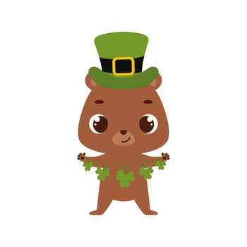 Cute bear in green leprechaun hat with clover. Irish holiday folklore theme. Cartoon design for cards, decor, shirt, invitation. Vector stock illustration