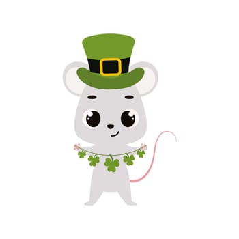 Cute mouse in green leprechaun hat with clover. Irish holiday folklore theme. Cartoon design for cards, decor, shirt, invitation. Vector stock illustration