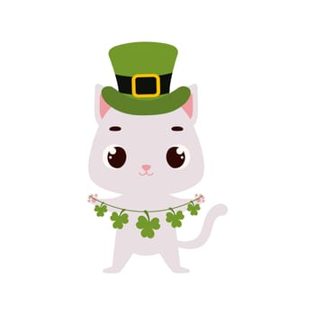 Cute cat in green leprechaun hat with clover. Irish holiday folklore theme. Cartoon design for cards, decor, shirt, invitation. Vector stock illustration