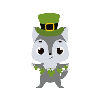 Cute wolf in green leprechaun hat with clover. Irish holiday folklore theme. Cartoon design for cards, decor, shirt, invitation. Vector stock illustration