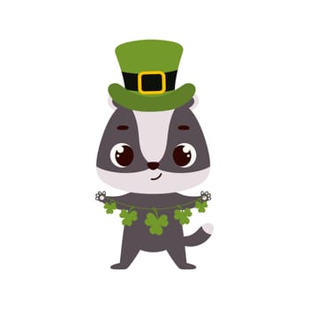 Cute badger in green leprechaun hat with clover. Irish holiday folklore theme. Cartoon design for cards, decor, shirt, invitation. Vector stock illustration