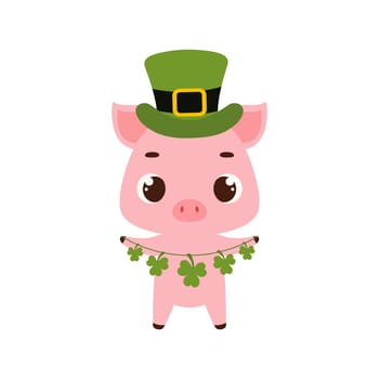 Cute pig in green leprechaun hat with clover. Irish holiday folklore theme. Cartoon design for cards, decor, shirt, invitation. Vector stock illustration