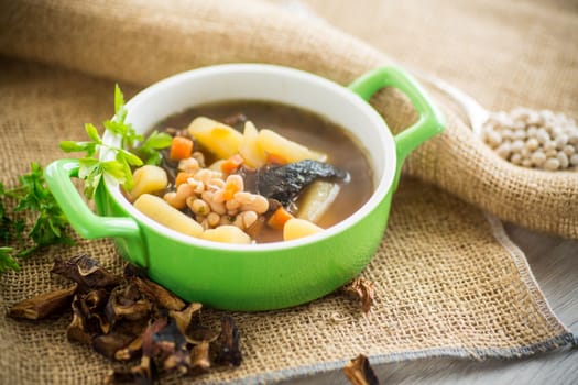 mushroom hot soup with beans in a bowl