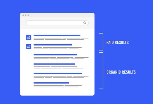 Paid and Organic Search Results concept. SEO optimization for Serp - search engine results pages vector illustration