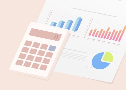 Financial Analysis and Planning depicted through an illustration of calculator on document with financial statement complete with graphs and charts. Careful analysis and planning in managing finances
