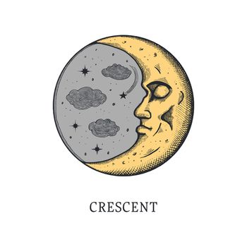Crescent Moon Drawings in engraving style