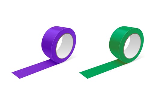 Vector 3d Realistic Glossy Purple and Green Tape Roll Icon Set, Mock-up Closeup Isolated on White Background. Design Template of Packaging Sticky Tape Roll or Adhesive Tape for Mockup. Front View