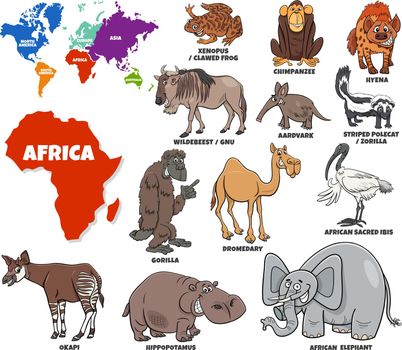 educational illustration of cartoon African animals set