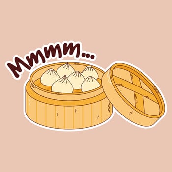 Traditional Japanese food. Asian dumplings in bamboo steamer basket stickers. Vector illistration