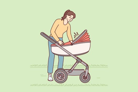 Caring woman walks with kid in stroller soothing crying toddler and adjusting blanket Vector image