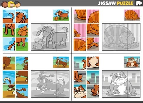 Cartoon illustration of educational jigsaw puzzle games set with funny cat and dogs animal characters