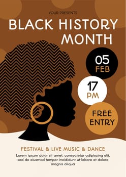 Black history month celebration poster vector. Winter historic holiday of african american ethnicity and culture. Festival, live music and dance for celebrate ethnic day flat illustration