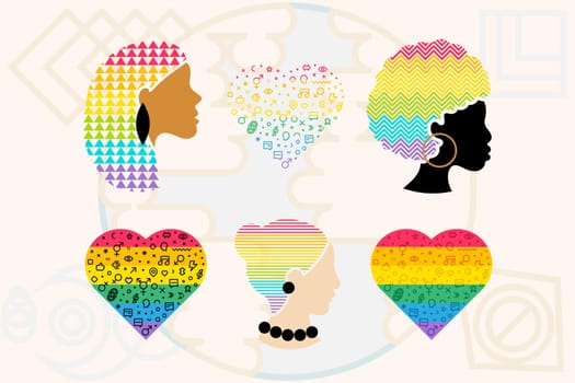 Lgbt pride rainbow flags in heart form, pride people diversity collection