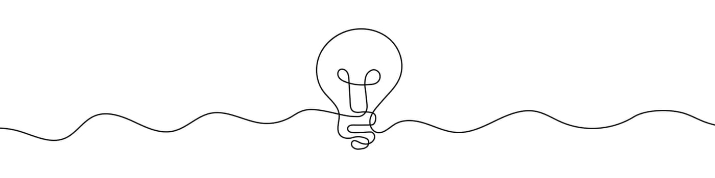 Continuous linear drawing of light bulb icon. One line drawing background