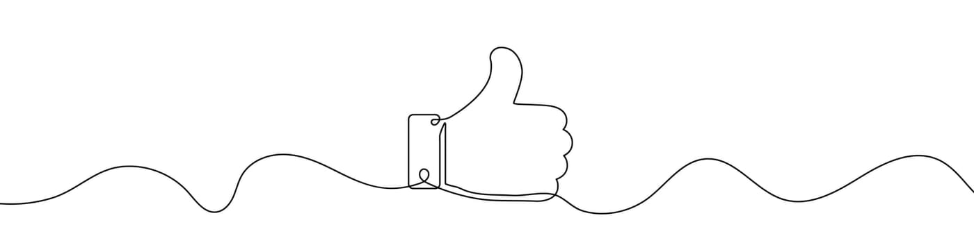 Continuous line drawing of like icon. Thumb up in one line drawing. One line drawing background.