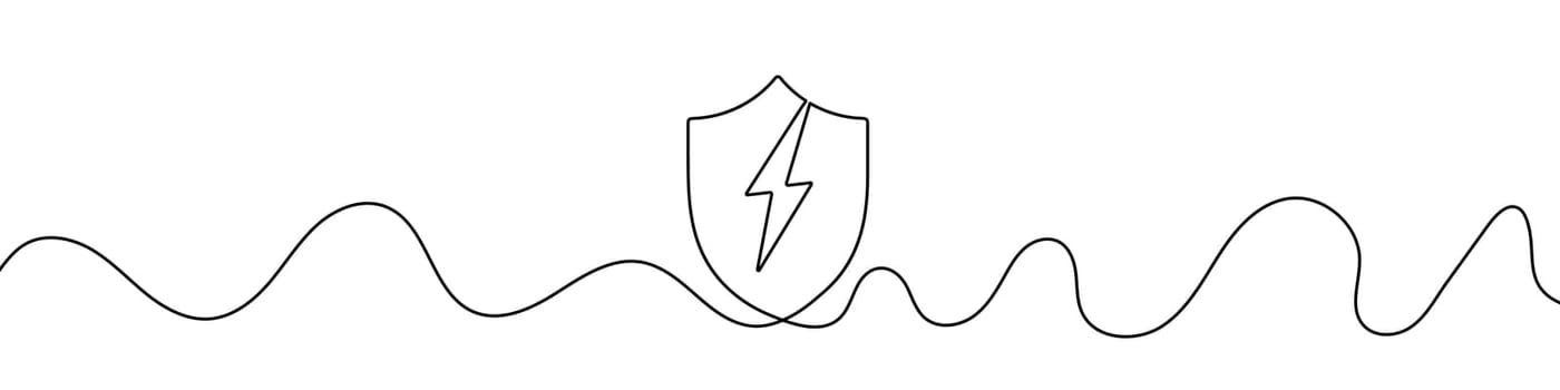 Continuous linear drawing of shield with lightning. Safety concept.