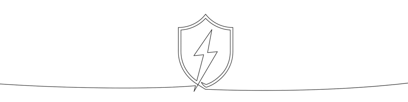 Continuous linear drawing of shield with lightning. Safety concept.