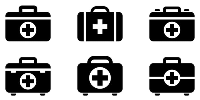 First aid kit icon. Set of black first aid kit icons on white background.
