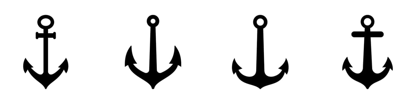 Anchor icon. Various shapes of anchors. Set of black anchor icons.