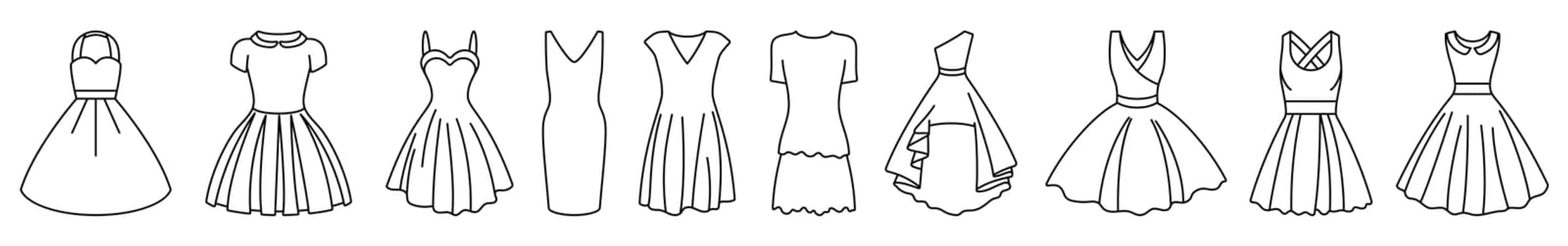 Women dress icon. Black linear dress icons set. Vector illustration.