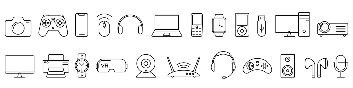 Device icons set. Black linear gadget icons. Collection of device