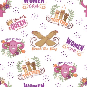 Seamless feminist pattern for March 8 with lettering you are the queen and women can, hands clenched into a fist and uterus in doodle style