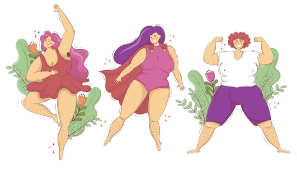 Set of chubby happy women with hairy legs and armpits, support for feminist body positivity movement