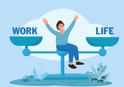 Life and work balance on scales. Man keep harmony choose between career and money versus health and time, leisure or business. Comparison stress and healthy life, family, love versus job. Vector