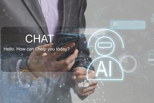 Chat with AI or Artificial Intelligence. Young businessman chatting with a smart AI or artificial intelligence using an artificial intelligence chatbot developed by AI.
