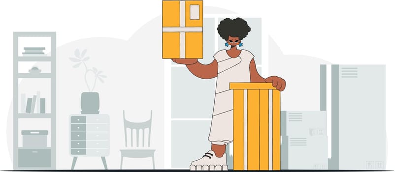 Charming woman is holding boxes. A depiction of the transportation of packages and freight